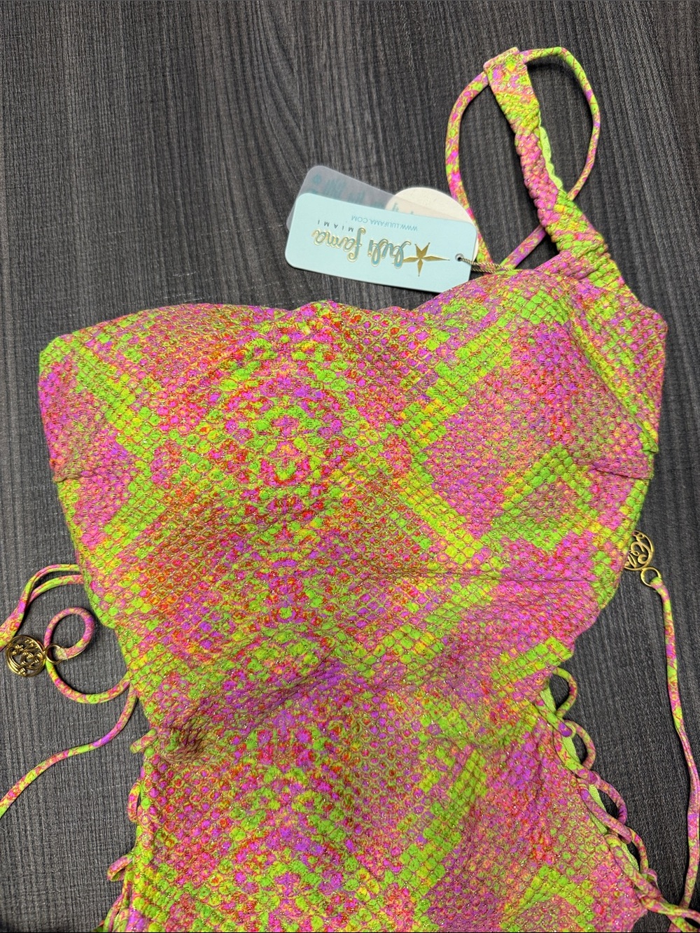 Luli Fama Neon Pink & Lime Textured One-Piece with Lace-Up Sides - Picture 2 of 4